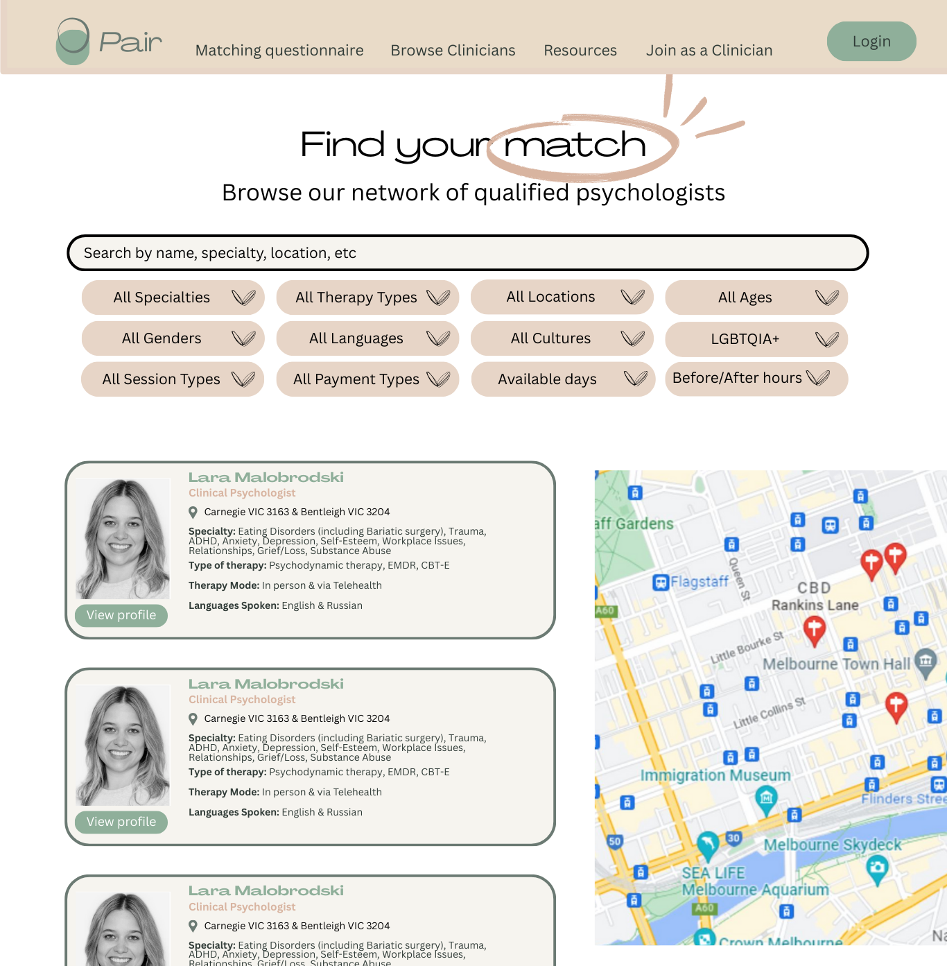 Psychologist directory page with search filters for therapy type, gender, location, languages, and interactive map view