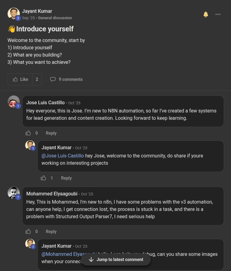 Screenshot of vibrant community discussions with active members sharing projects and helping each other